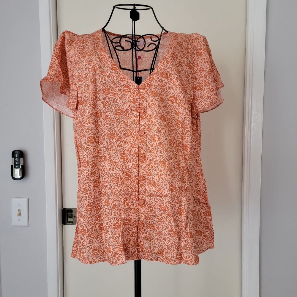 Parker New York NWT Gloria V Neck Top Short Sleeve V Neck Button Front Med New